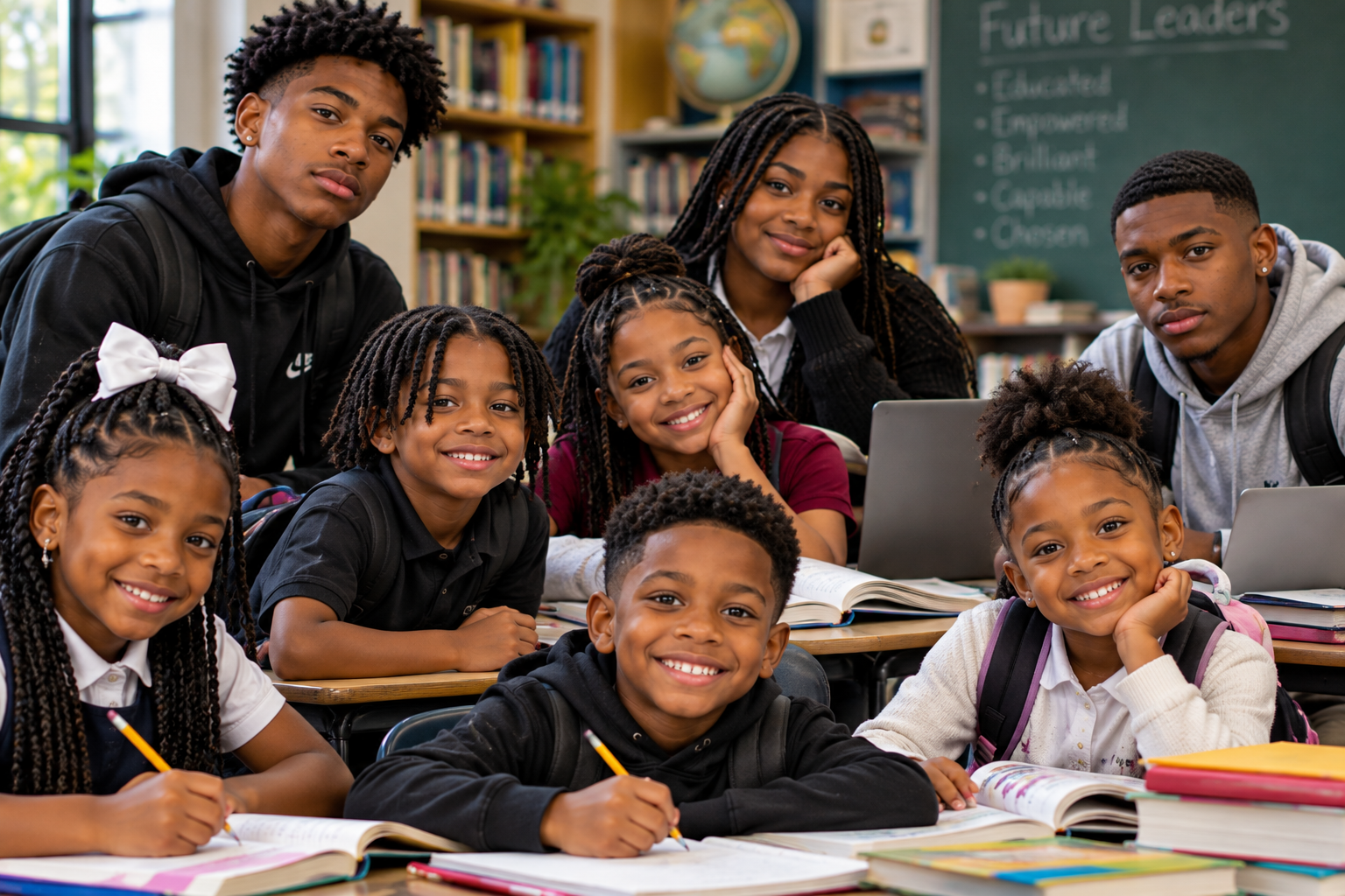 Black children and teenagers learning together in a library classroom